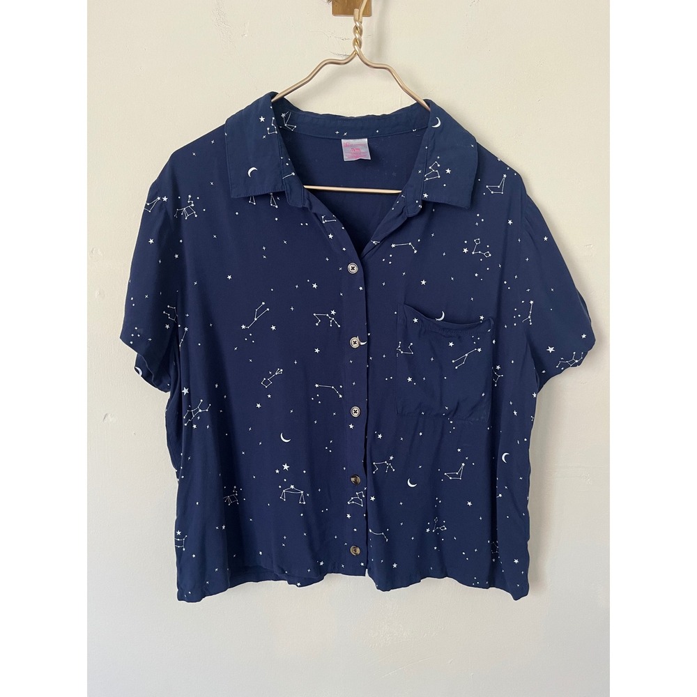 No Boundaries Womens XL Navy Blue Celestial Constellation Button Down Shirt